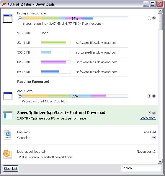 Main Window - Downloads list