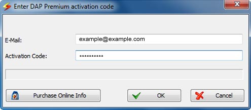 Enter DAP Premium activation code window screenshot