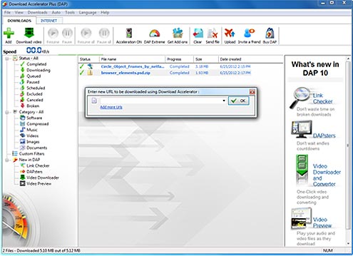 Download Accelerator Plus (DAP) main panel - Enter new URL to be downloaded screenshot
