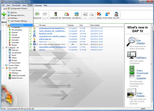 Download Accelerator Plus (DAP) main panel - Download Basket tool screenshot