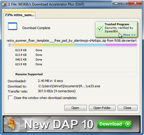 Download Accelerator Plus (DAP) main panel screenshot - DAP Download Security (MAV) analysis in Download Complete Window