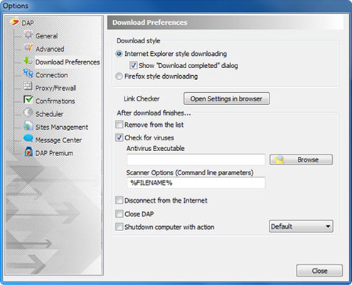 Download Accelerator Plus (DAP) - Download Preferences Options window screenshot - After download finishes option