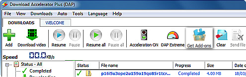 Download Accelerator Plus (DAP) - screenshot of Add-ons button in DAP's tools menu