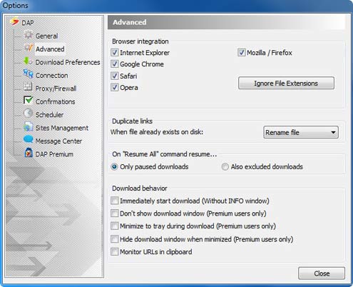 Download Accelerator Plus (DAP) - Advanced Options window screenshot - Browser Integration option