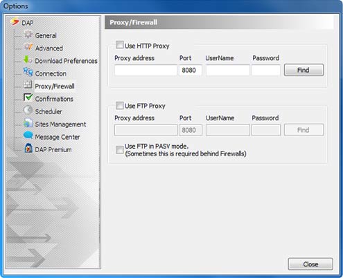 Download Accelerator Plus (DAP) - Proxy Firewall Options window screenshot