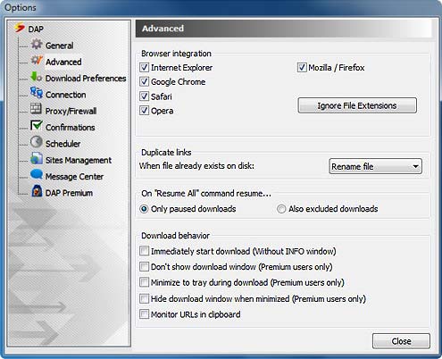Download Accelerator Plus (DAP) - Advanced Options window - Download Behavior options