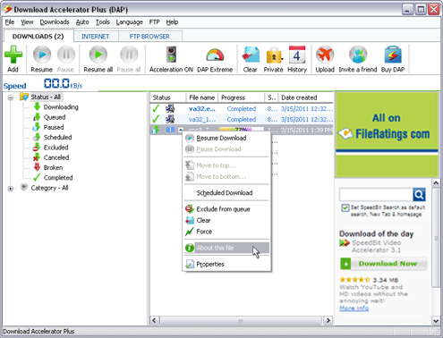 Download Accelerator Plus (DAP) main panel - About this file option screenshot