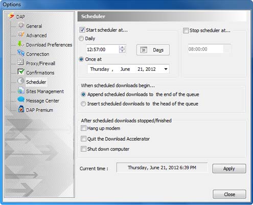 Download Accelerator Plus (DAP) - Scheduler Options window screenshot