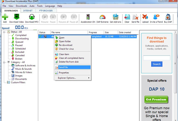 Download Accelerator Plus (DAP) main panel screenshot - Upload and send large files using FileFlyer.com
