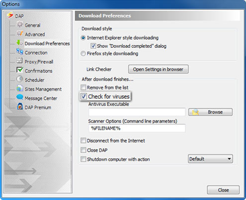 Download Accelerator Plus (DAP) - Download Preferences Options window screenshot - Check for viruses option