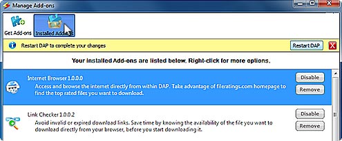Download Accelerator Plus (DAP) - screenshot of Viewing 'Installed Add-ons'